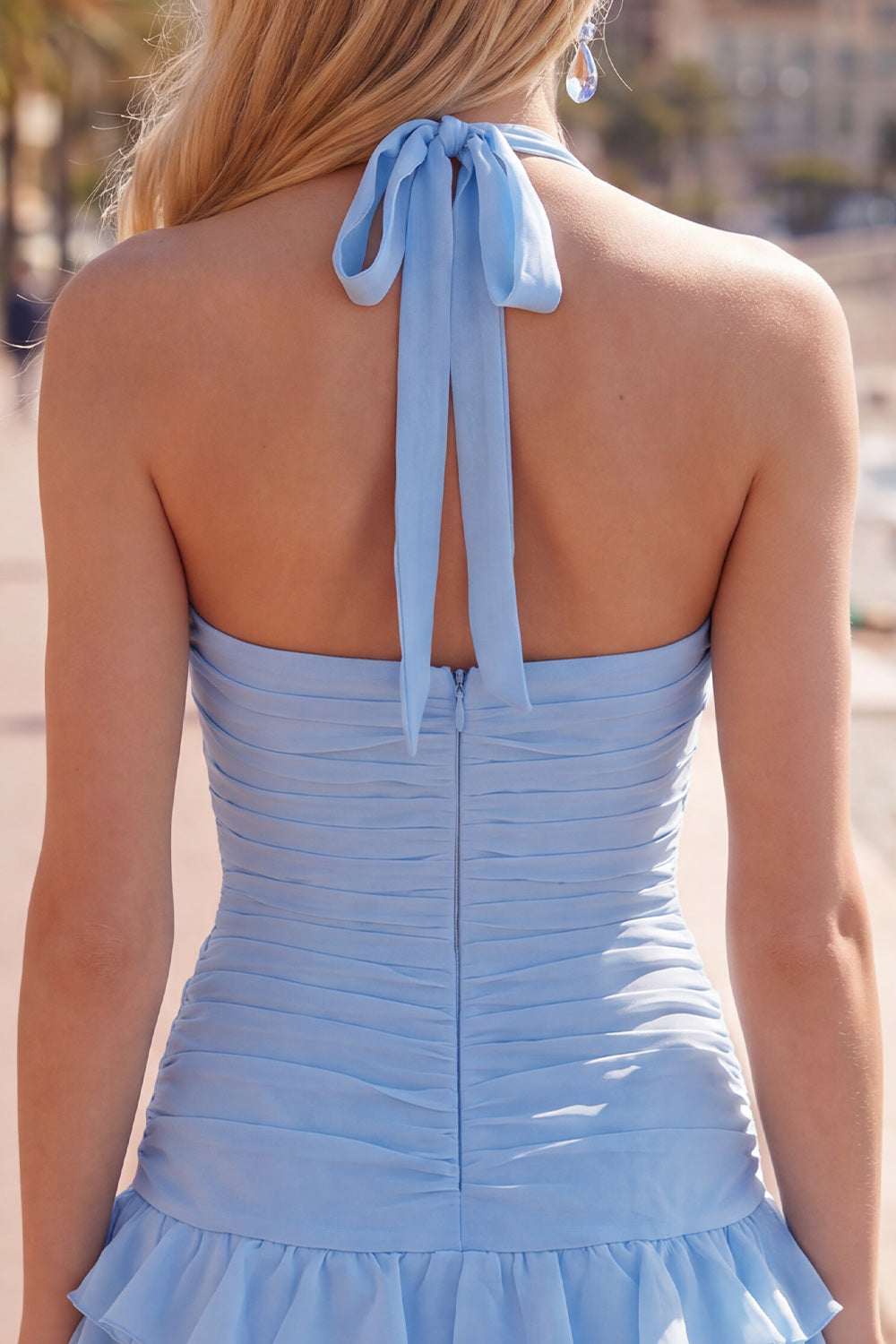 Blue Halter Ruched Ruffled Short Homecoming Dress with 3D Flower