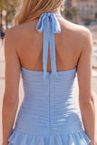 Blue Halter Ruched Ruffled Short Homecoming Dress with 3D Flower