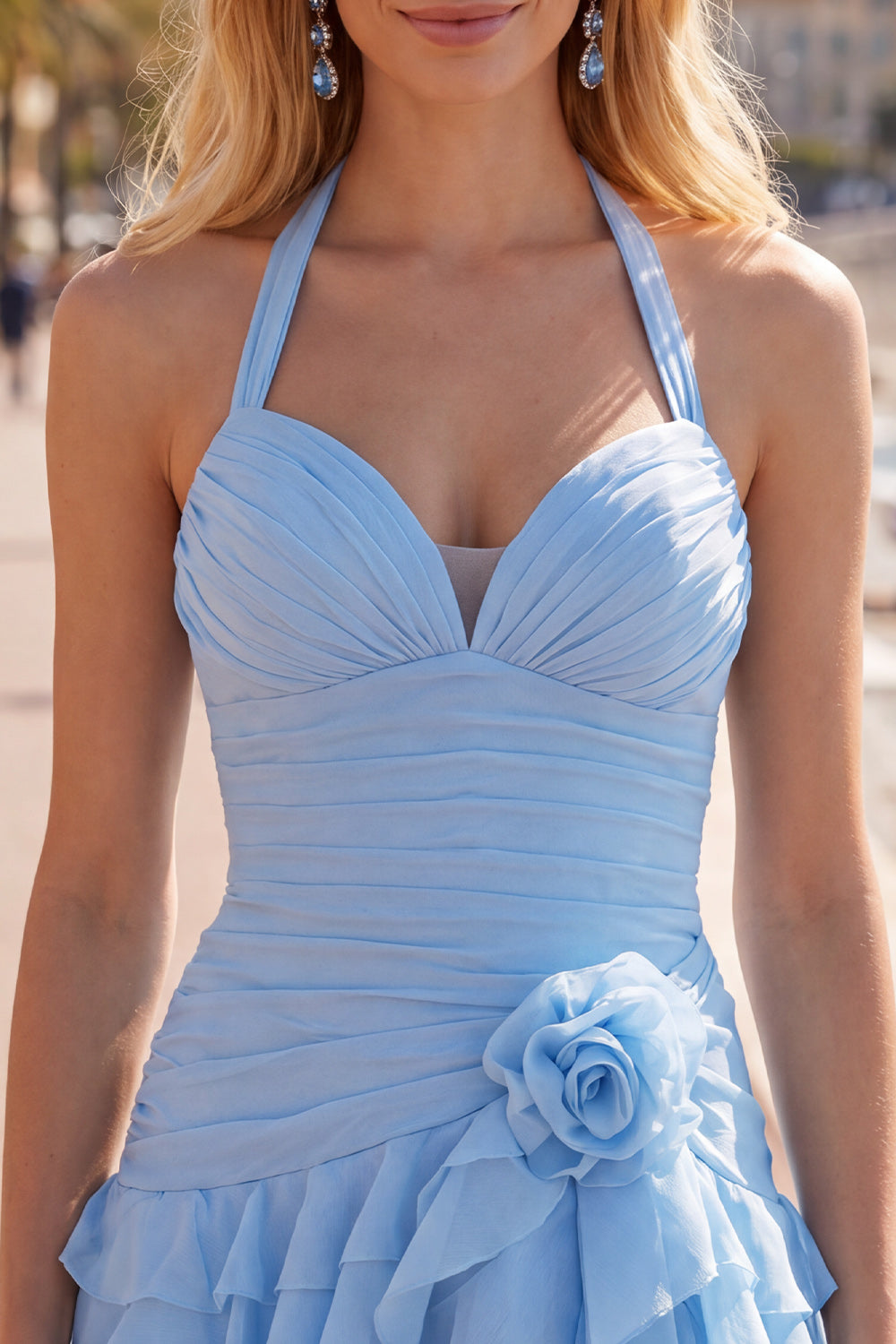 Blue Halter Ruched Ruffled Short Homecoming Dress with 3D Flower