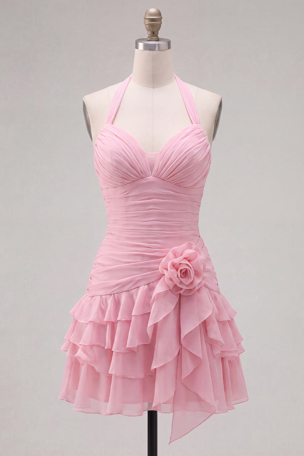 Blue Halter Ruched Ruffled Short Homecoming Dress with 3D Flower