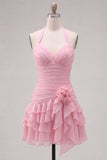Blue Halter Ruched Ruffled Short Homecoming Dress with 3D Flower