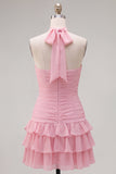 Blue Halter Ruched Ruffled Short Homecoming Dress with 3D Flower