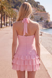 Blue Halter Ruched Ruffled Short Homecoming Dress with 3D Flower