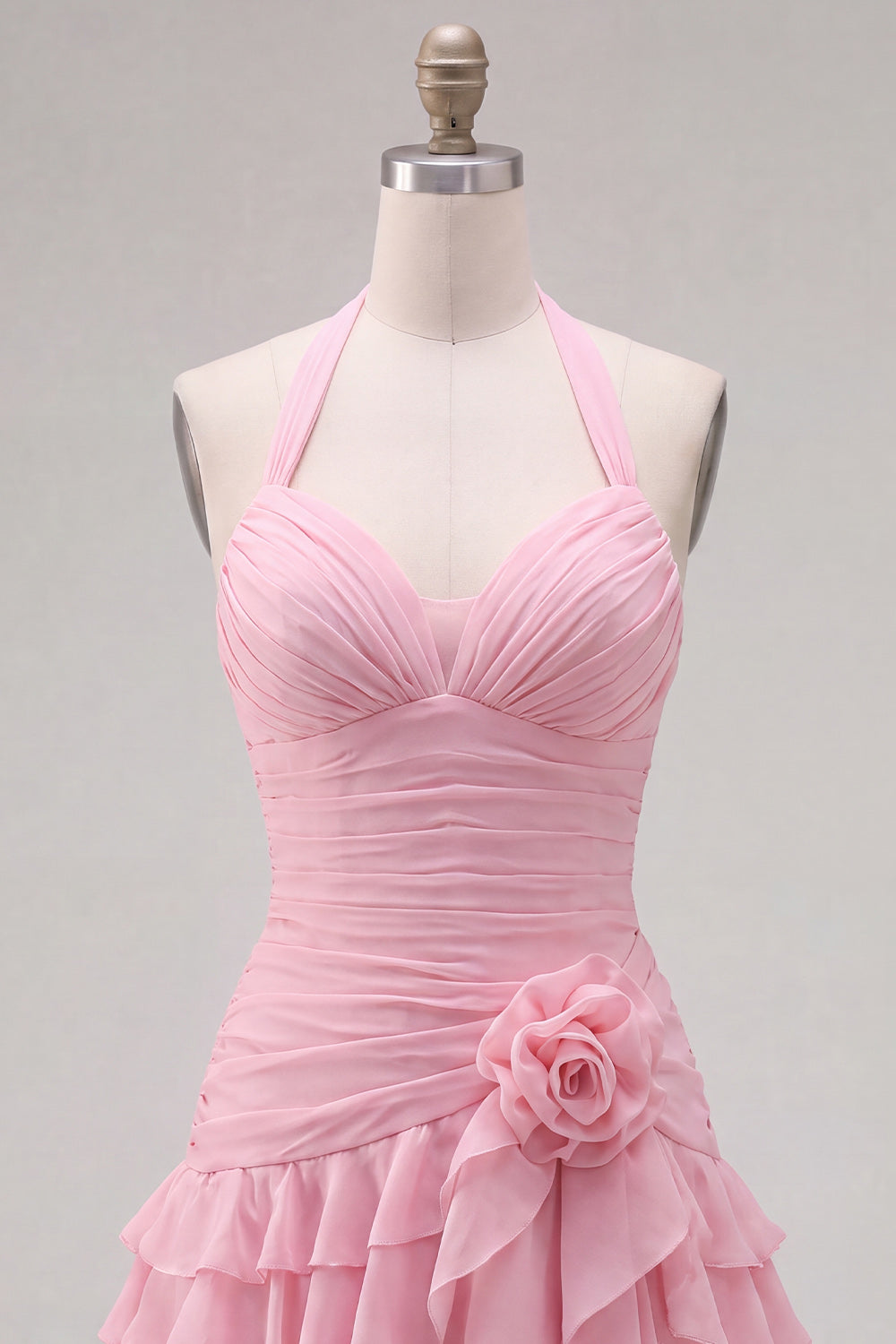Blue Halter Ruched Ruffled Short Homecoming Dress with 3D Flower