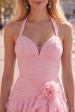 Blue Halter Ruched Ruffled Short Homecoming Dress with 3D Flower