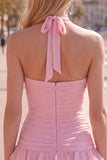 Blue Halter Ruched Ruffled Short Homecoming Dress with 3D Flower