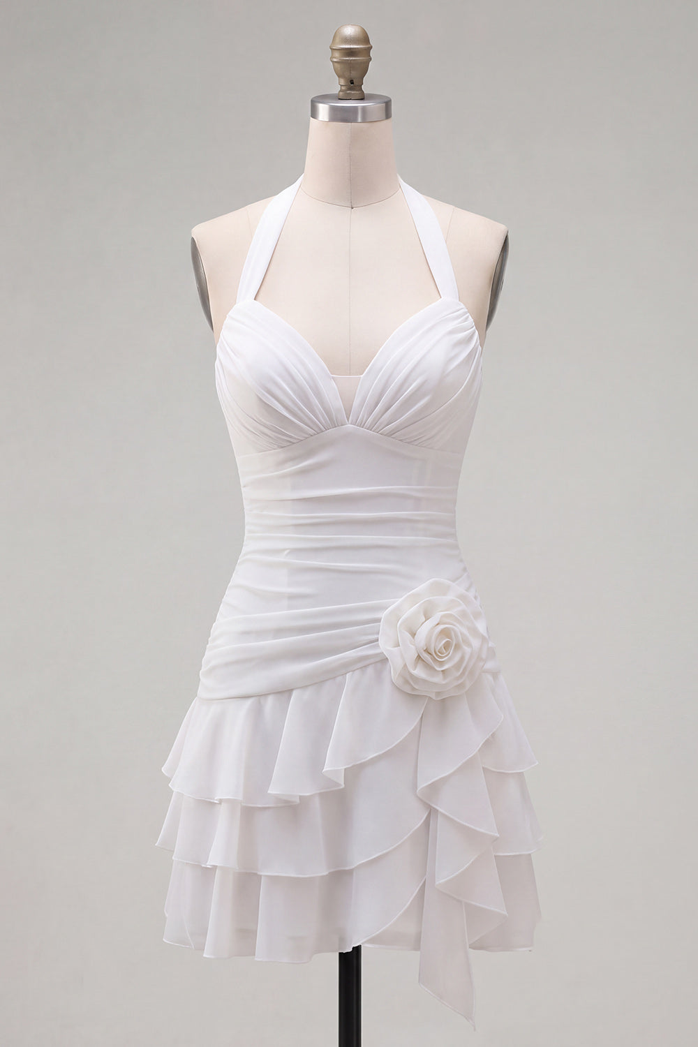 Blue Halter Ruched Ruffled Short Homecoming Dress with 3D Flower