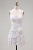 Blue Halter Ruched Ruffled Short Homecoming Dress with 3D Flower