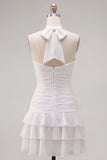 Blue Halter Ruched Ruffled Short Homecoming Dress with 3D Flower