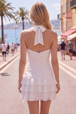 Blue Halter Ruched Ruffled Short Homecoming Dress with 3D Flower