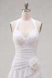Blue Halter Ruched Ruffled Short Homecoming Dress with 3D Flower