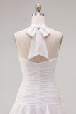 Blue Halter Ruched Ruffled Short Homecoming Dress with 3D Flower