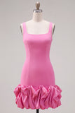 Fuchsia Square Neck Ruffled Short Tight Homecoming Dress