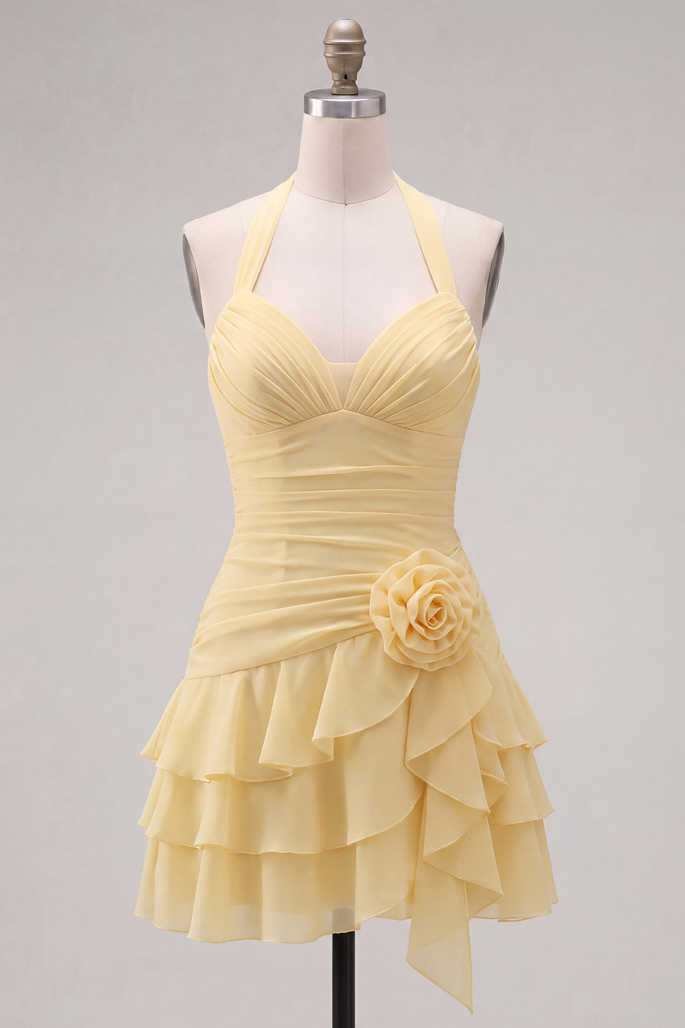 Blue Halter Ruched Ruffled Short Homecoming Dress with 3D Flower