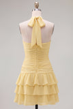 Blue Halter Ruched Ruffled Short Homecoming Dress with 3D Flower