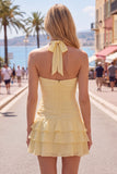 Blue Halter Ruched Ruffled Short Homecoming Dress with 3D Flower
