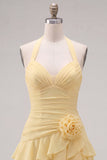 Blue Halter Ruched Ruffled Short Homecoming Dress with 3D Flower
