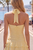 Blue Halter Ruched Ruffled Short Homecoming Dress with 3D Flower