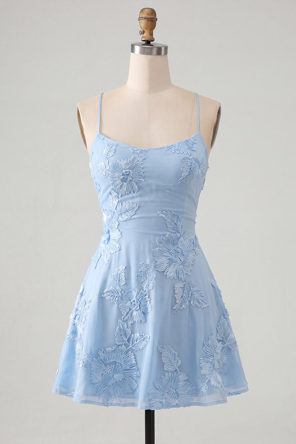 Blue A-Line Spaghetti Straps Floral Short Homecoming Dress