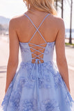 Blue A-Line Spaghetti Straps Floral Short Homecoming Dress
