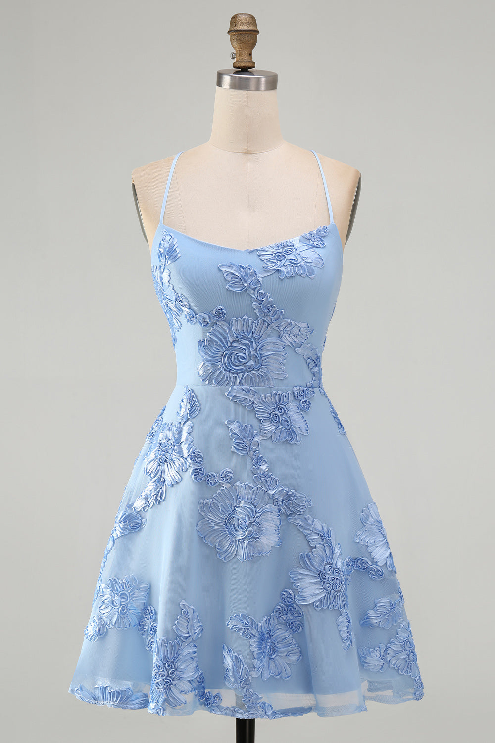 Blue A-Line Spaghetti Straps Floral Short Homecoming Dress
