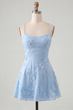 Blue A-Line Spaghetti Straps Floral Short Homecoming Dress