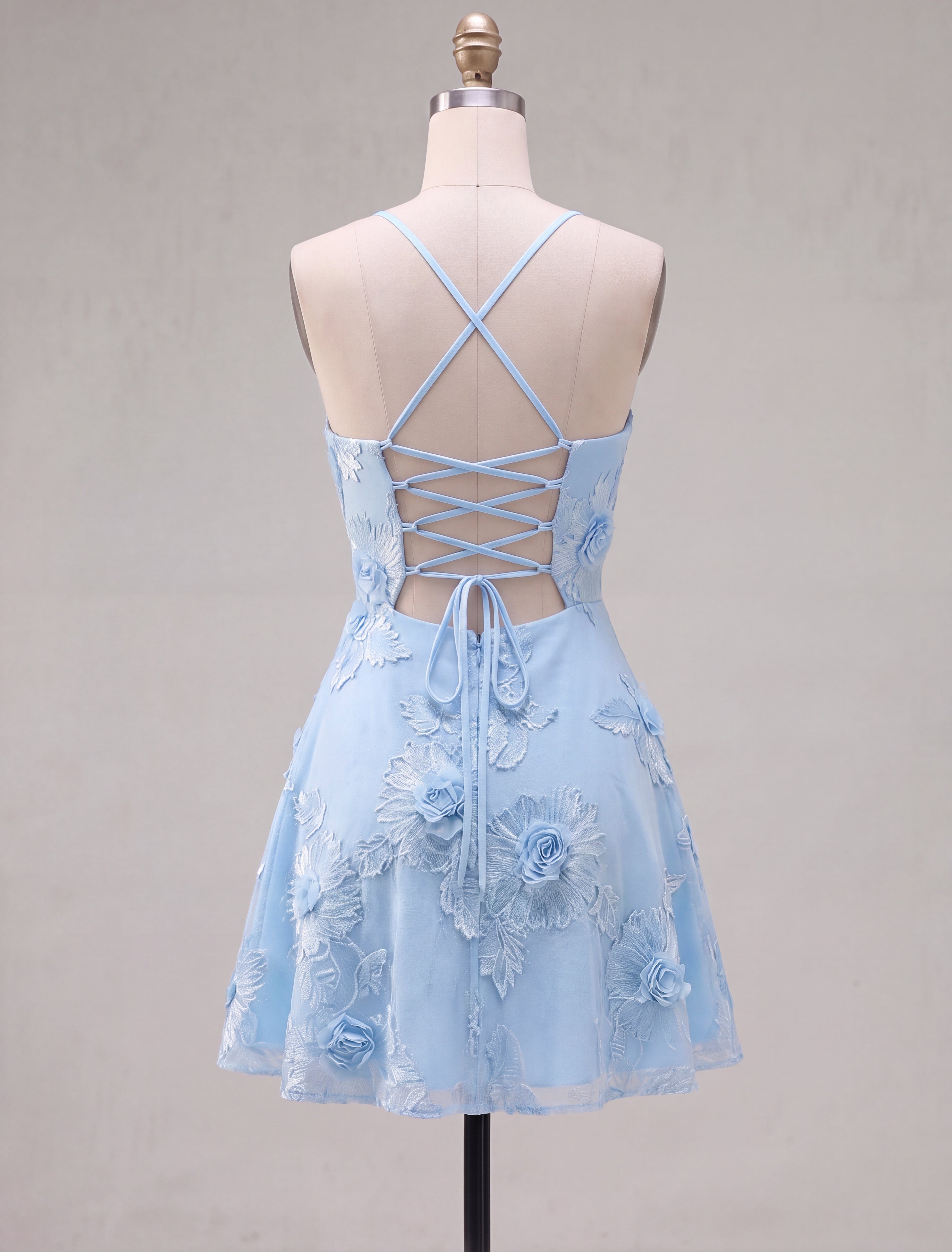 Blue A-Line Spaghetti Straps Floral Short Homecoming Dress