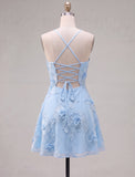 Blue A-Line Spaghetti Straps Floral Short Homecoming Dress