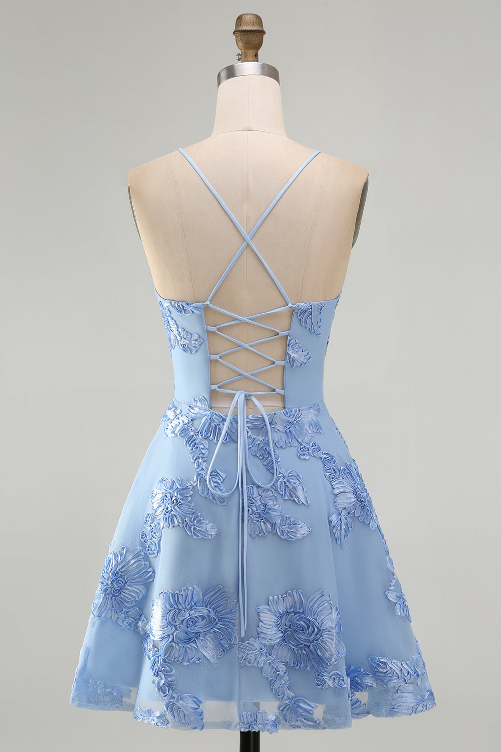 Blue A-Line Spaghetti Straps Floral Short Homecoming Dress