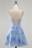 Blue A-Line Spaghetti Straps Floral Short Homecoming Dress