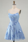 Blue A-Line Spaghetti Straps Floral Short Homecoming Dress