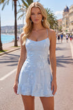 Blue A-Line Spaghetti Straps Floral Short Homecoming Dress