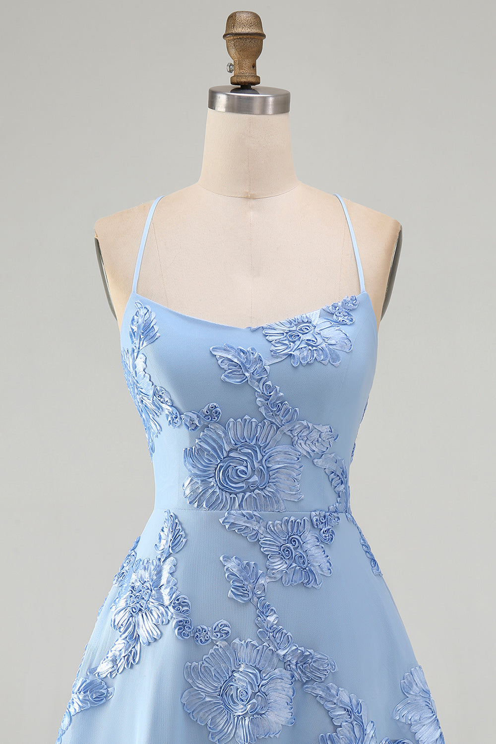 Blue A-Line Spaghetti Straps Floral Short Homecoming Dress