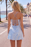 Blue A-Line Spaghetti Straps Floral Short Homecoming Dress