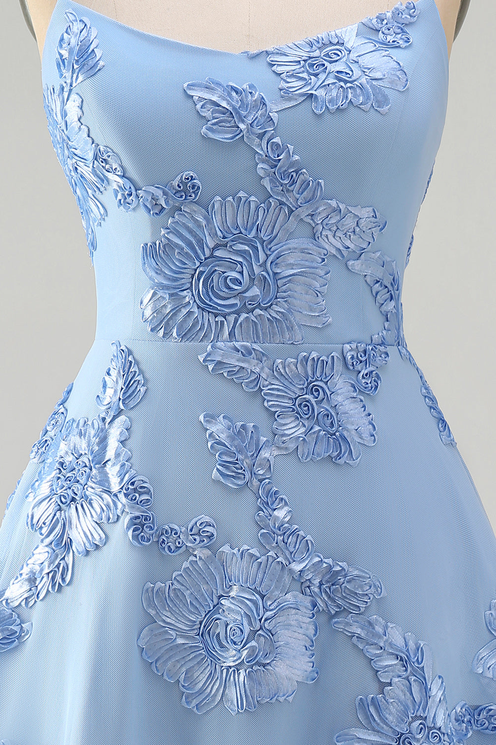 Blue A-Line Spaghetti Straps Floral Short Homecoming Dress