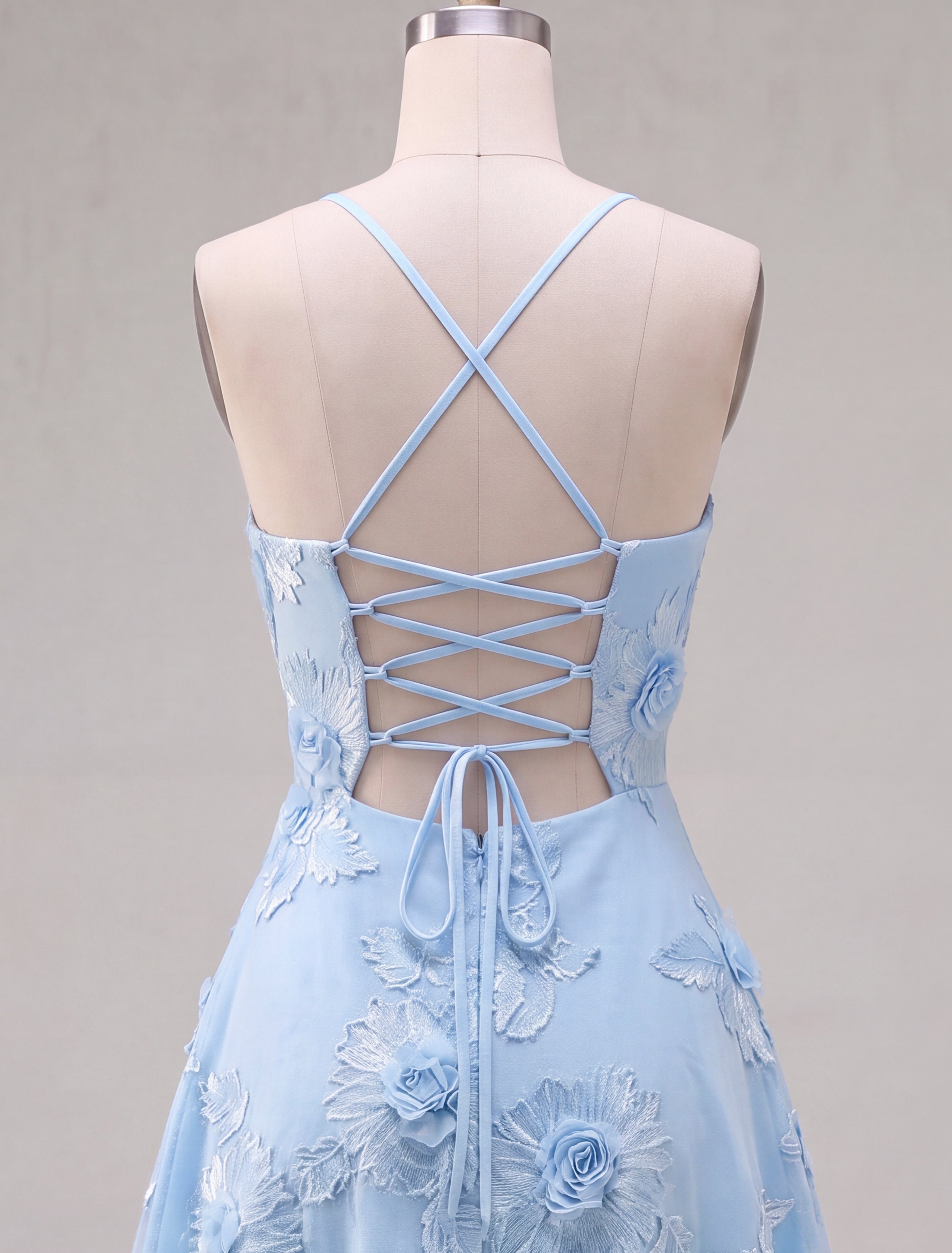 Blue A-Line Spaghetti Straps Floral Short Homecoming Dress