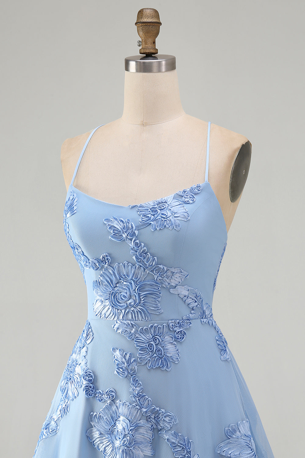Blue A-Line Spaghetti Straps Floral Short Homecoming Dress