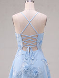 Blue A-Line Spaghetti Straps Floral Short Homecoming Dress