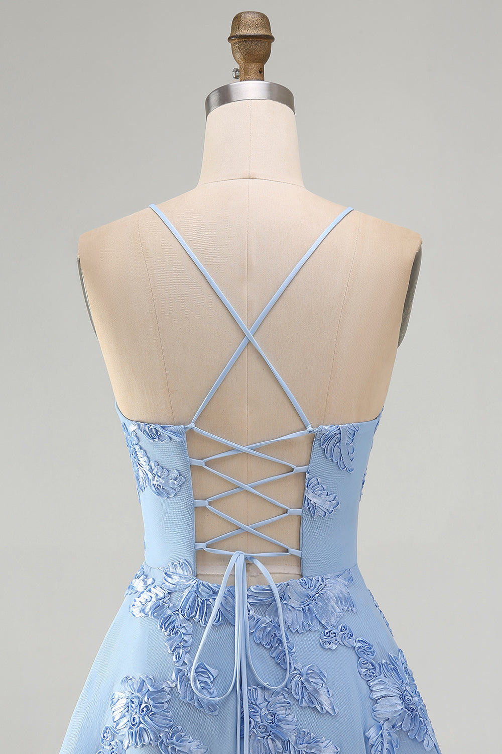 Blue A-Line Spaghetti Straps Floral Short Homecoming Dress