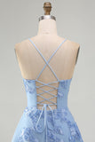 Blue A-Line Spaghetti Straps Floral Short Homecoming Dress