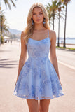 Blue A-Line Spaghetti Straps Floral Short Homecoming Dress
