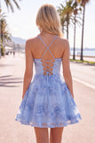 Blue A-Line Spaghetti Straps Floral Short Homecoming Dress