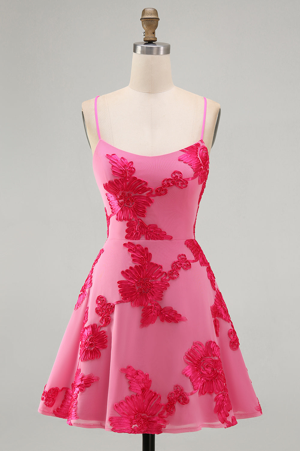 Blue A-Line Spaghetti Straps Floral Short Homecoming Dress