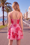 Blue A-Line Spaghetti Straps Floral Short Homecoming Dress