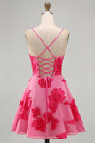 Blue A-Line Spaghetti Straps Floral Short Homecoming Dress