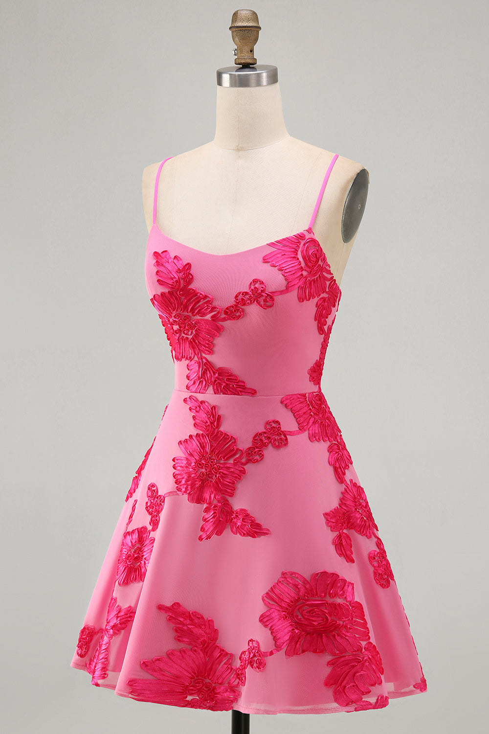 Blue A-Line Spaghetti Straps Floral Short Homecoming Dress