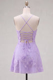 Blue A-Line Spaghetti Straps Floral Short Homecoming Dress