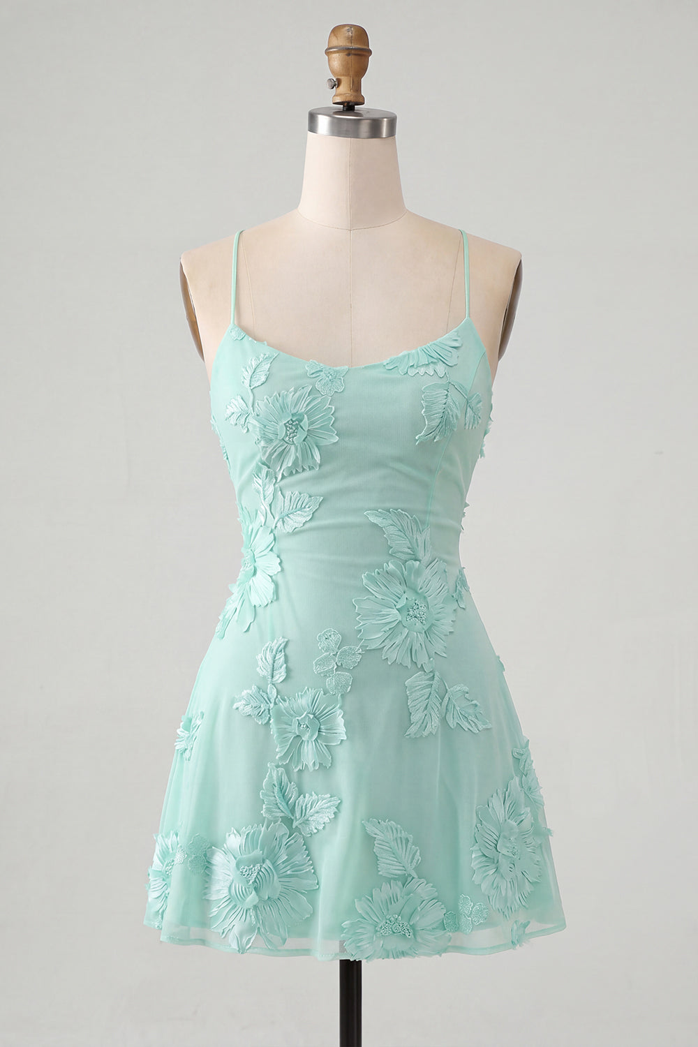 Blue A-Line Spaghetti Straps Floral Short Homecoming Dress