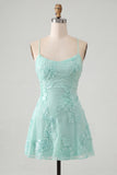 Blue A-Line Spaghetti Straps Floral Short Homecoming Dress