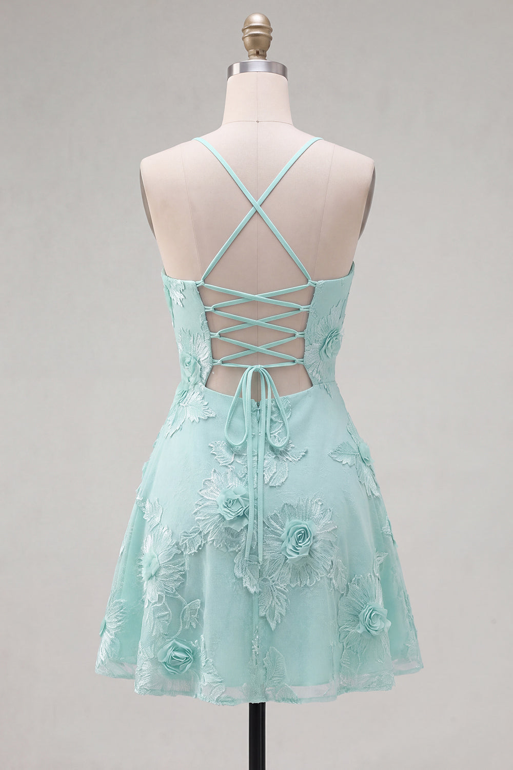 Blue A-Line Spaghetti Straps Floral Short Homecoming Dress